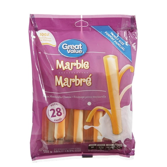 Fromage pizza mozzarella marbré effilochable de Great Value, format familial
