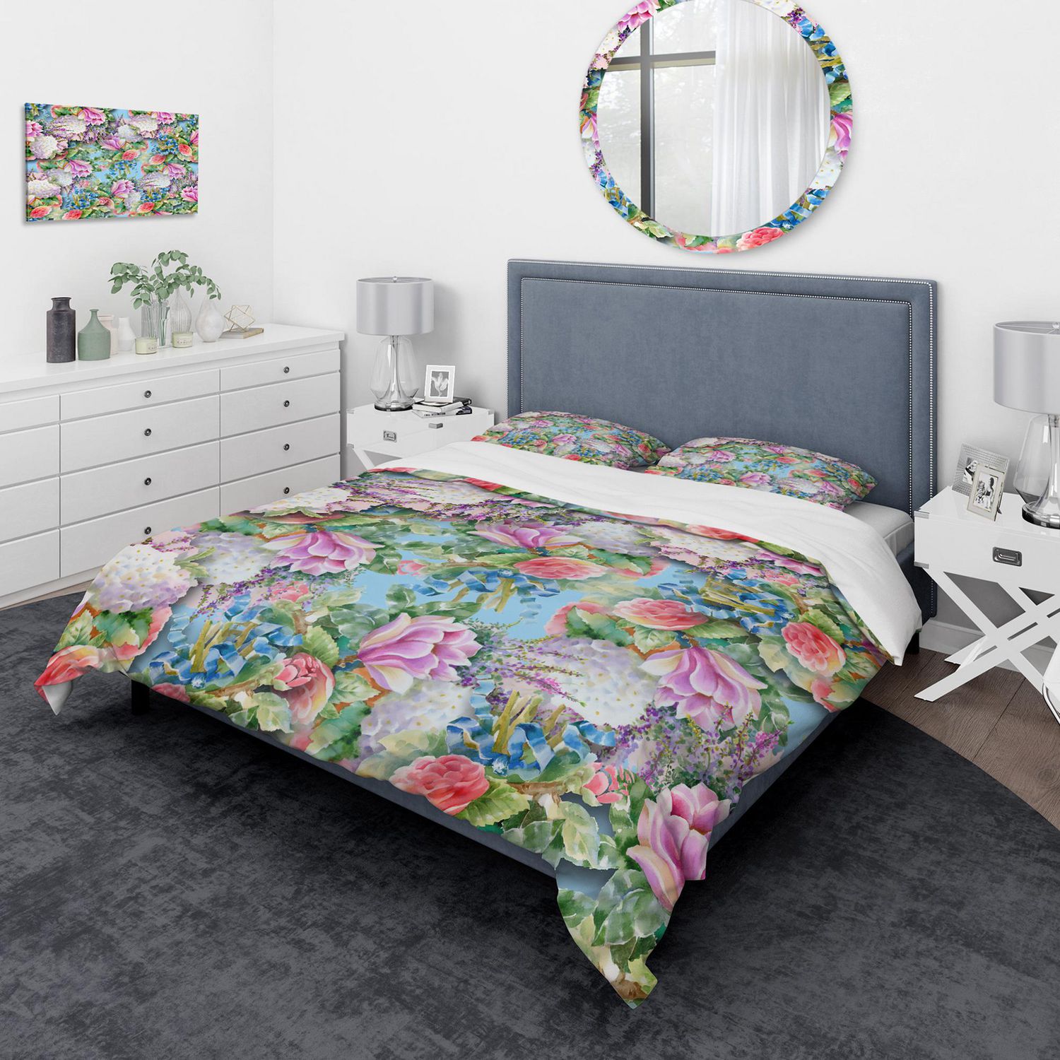 Designart Pink Flower Pattern on Blue Vintage Duvet Cover Set | Walmart ...