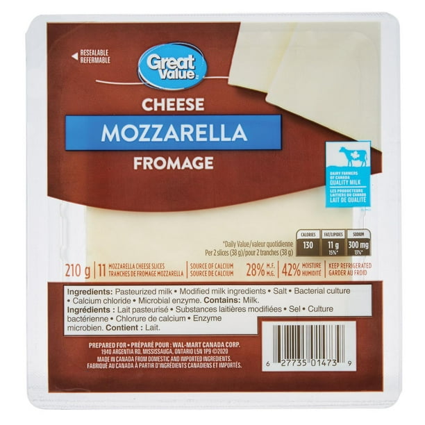 Great Value Mozzarella Cheese Slices, 210 g, 11 slices Walmart.ca