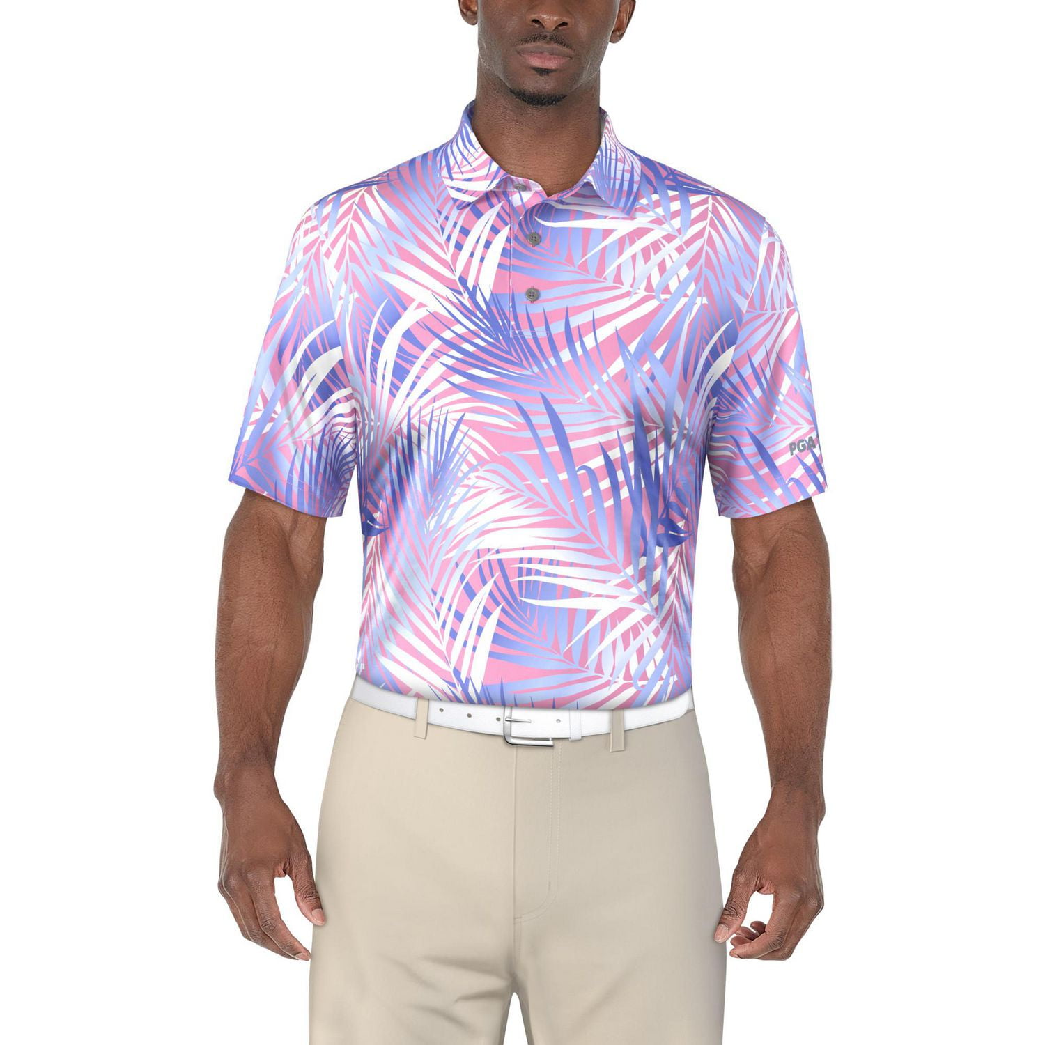 PGA TOUR Course Essentials Men's Palm Leaf Print Short Sleeve Polo Shirt