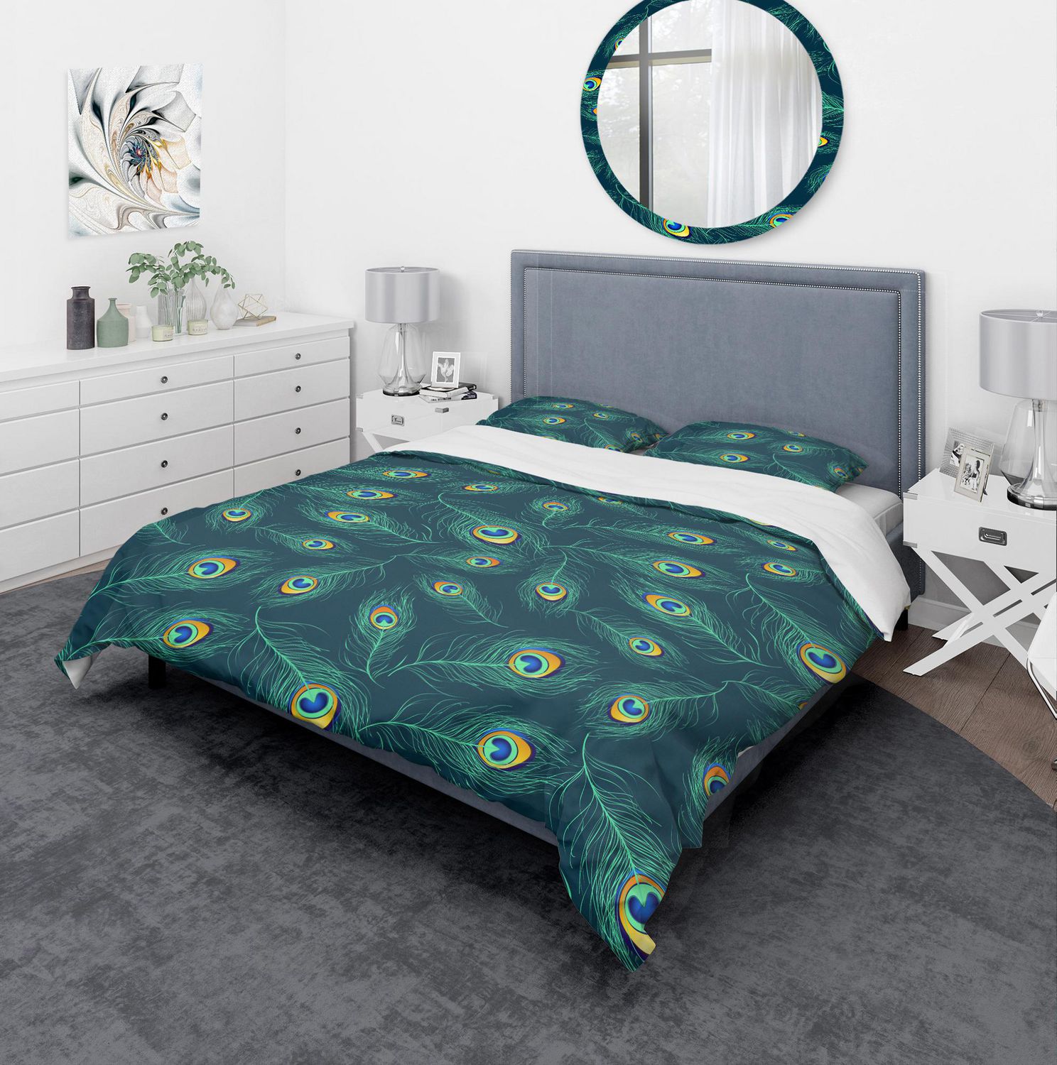 Designart Pattern Of Peacock Feathers Modern Contemporary Duvet Cover Set