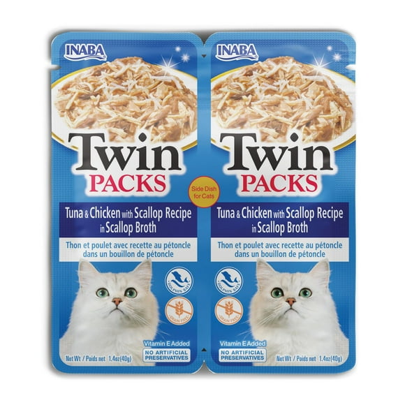 Ensembles jumeaux pour chat, recette de thon et de poulet avec pétoncles dans un bouillon de pétoncles, vitamine E ajoutée 80 g, 2 portions - chacune : 2 sachets de 40 g