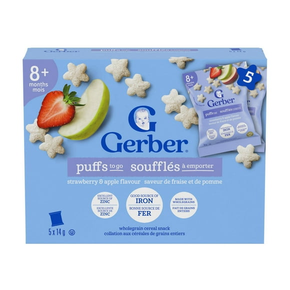 GERBER Puffs To Go, Strawberry & Apple, For 8 Months & Up, Non-GMO, Good Source of Iron & Zinc, Whole Grains, No Artificial Colours, No Artificial Flavours, No Added Salt 70 g, 70 g