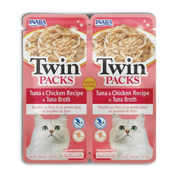 Packs jumeaux pour chat, thon et poulet dans le bouillon de thon, vitamine E ajouté 80g, 2 portions - Chacun : 2x40g Sachets