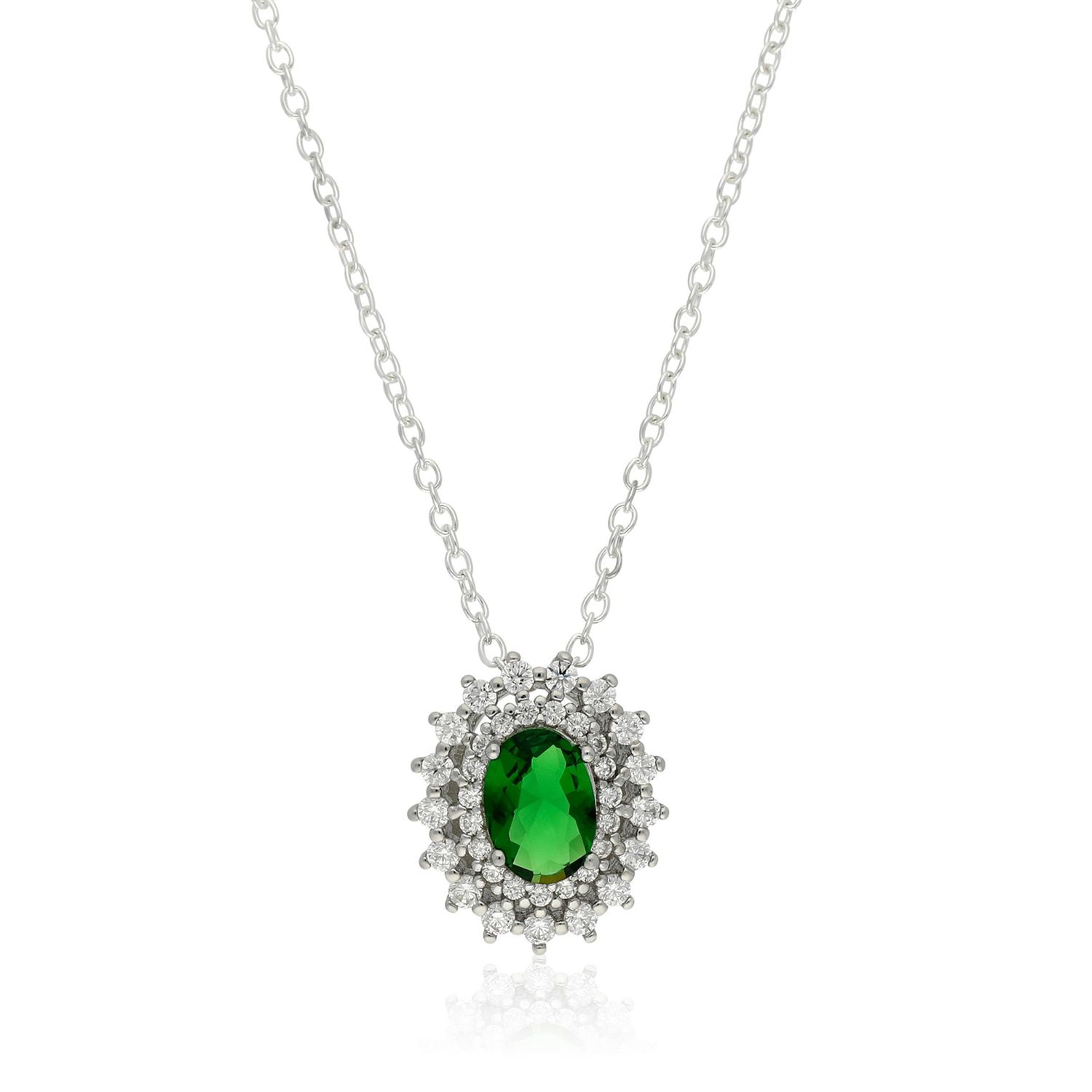 Quintessential Sterling Silver White Cz + Center Green Glass Pendant sur chaîne de 18"