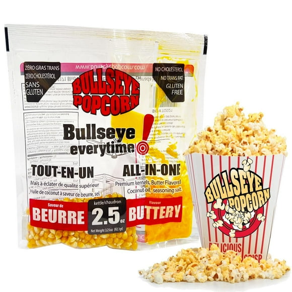 Bullseye Popcorn 2.5 oz / 92.1 gram All-In-One Bag of Rich Buttery Movie-Style Popcorn
