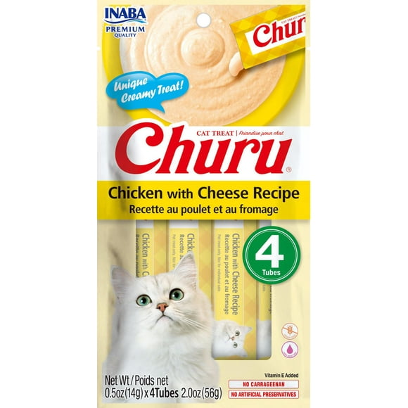 INABA Churu Cat Treats, Grain-Free Lickable Creamy Purée with Vitamin E - Chicken with Cheese Recipe 4 tubes 56g (4x14g)