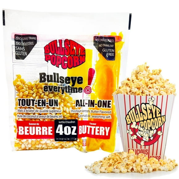 Bullseye Popcorn 4 oz / 177.2 gram All-In-One Bag of Rich Buttery Movie-Style Popcorn