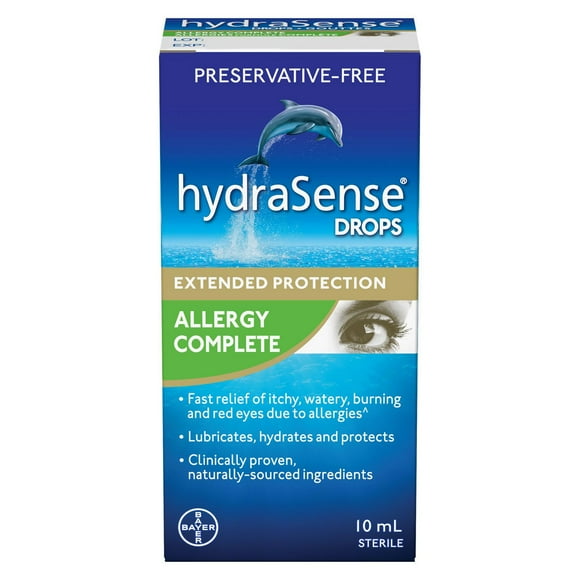 hydraSense Allergies formule complète&nbsp;– Gouttes oculaires sans agent de conservation contre les symptômes de sécheresse oculaire et d’allergie 10 ml