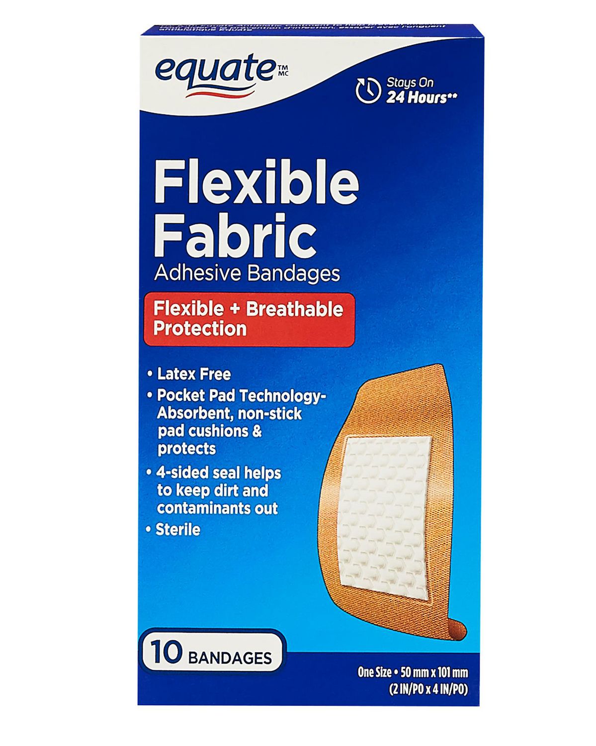 Equate Flexible Fabric Adhesive Bandages, 2 in x 4 in sterile latex-free fabric strips with pocket pad technology and 4-sided seal, flexible breathable backing and absorbent non-stick pad for minor cuts, scrapes and burns. Single-use first-aid bandages; change dressing daily or when wet and store in a first-aid kit or travel bag as directed.