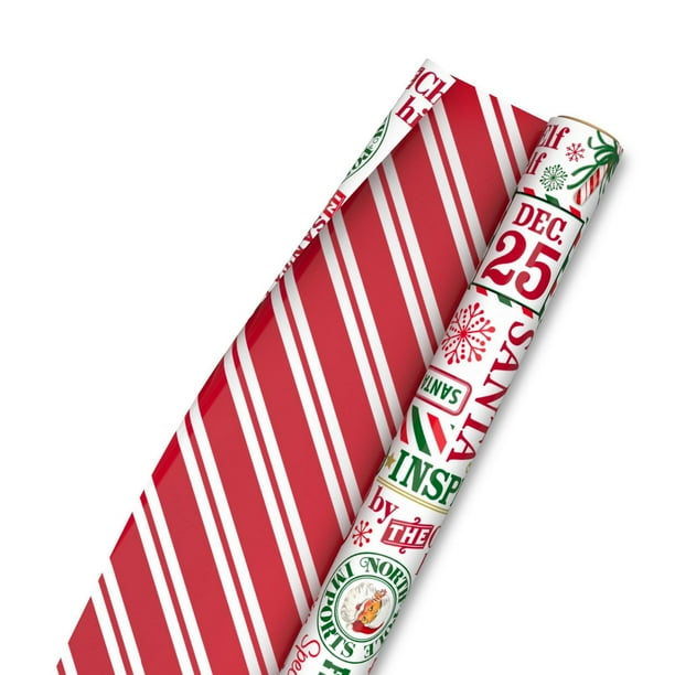 Rouleau De Papier Cadeau Réversible Noël - Motif Flocons Rouges Et JOIE Blanc, 43,2 Cm X 10 M