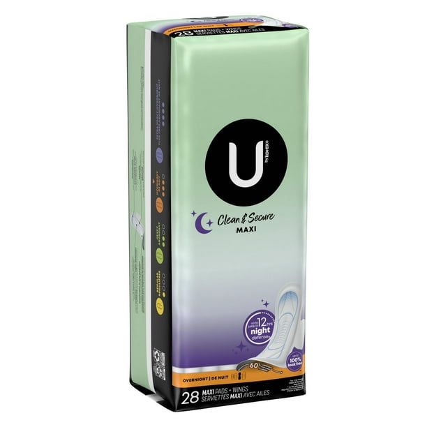U by Kotex Clean & Secure Overnight Maxi Pads with Wings, Unscented