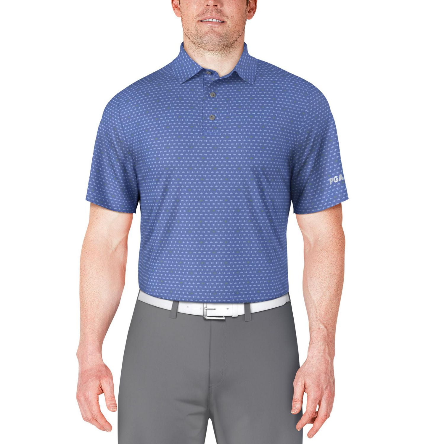 PGA TOUR Course Essentials Men's Striped Fish Print Short Sleeve Polo Shirt,