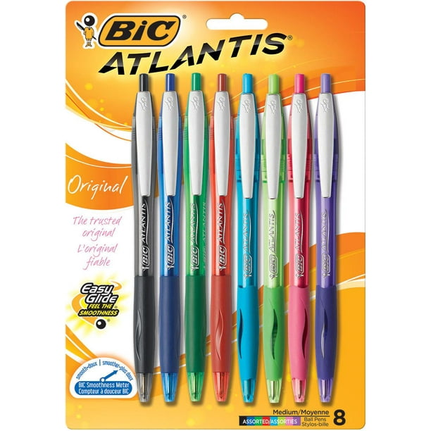Stylo-bille rétractable BIC Atlantis Original, pointe moyenne, couleurs assorties, lot de 8