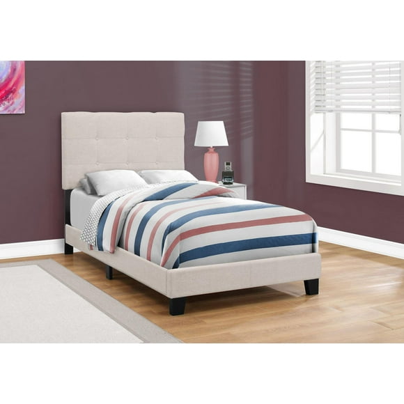 Monarch Specialties Bed, Twin Size, Platform, Teen, Frame, Upholstered, Linen Look, Wood Legs, Beige, Black, Transitional