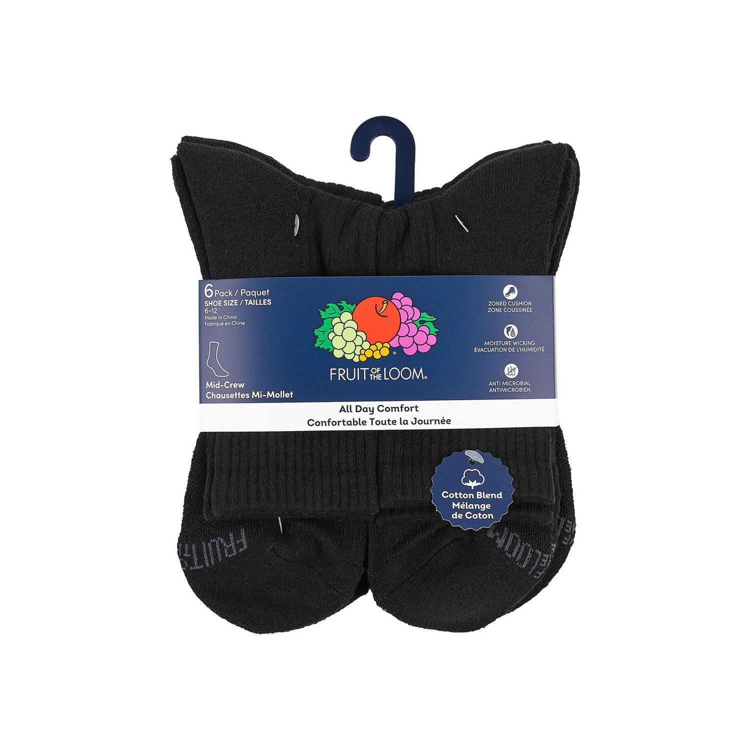 Fruit of the Loom All Day Comfort Cotton Blend Mid Crew Socks for Men, Fruit of the Loom All Day Comfort Mid Calf Socks