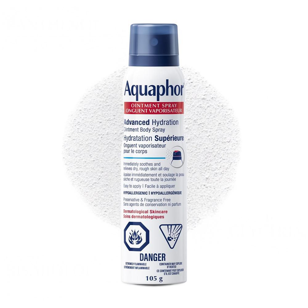 Aquaphor Healing Ointment Body Spray Moisturizer for Dry, Rough Skin front-facing 105 g aerosol can with blue Aquaphor label and continuous upside-down spray nozzle; water-free ointment formula with petrolatum, panthenol and glycerin, fragrance-free and hypoallergenic; shown on a neutral background. Ideal for precise application to elbows, knees and hard-to-reach back areas for immediate dry-skin relief and all-day hydration; also often used for targeted heel or elbow care during travel.