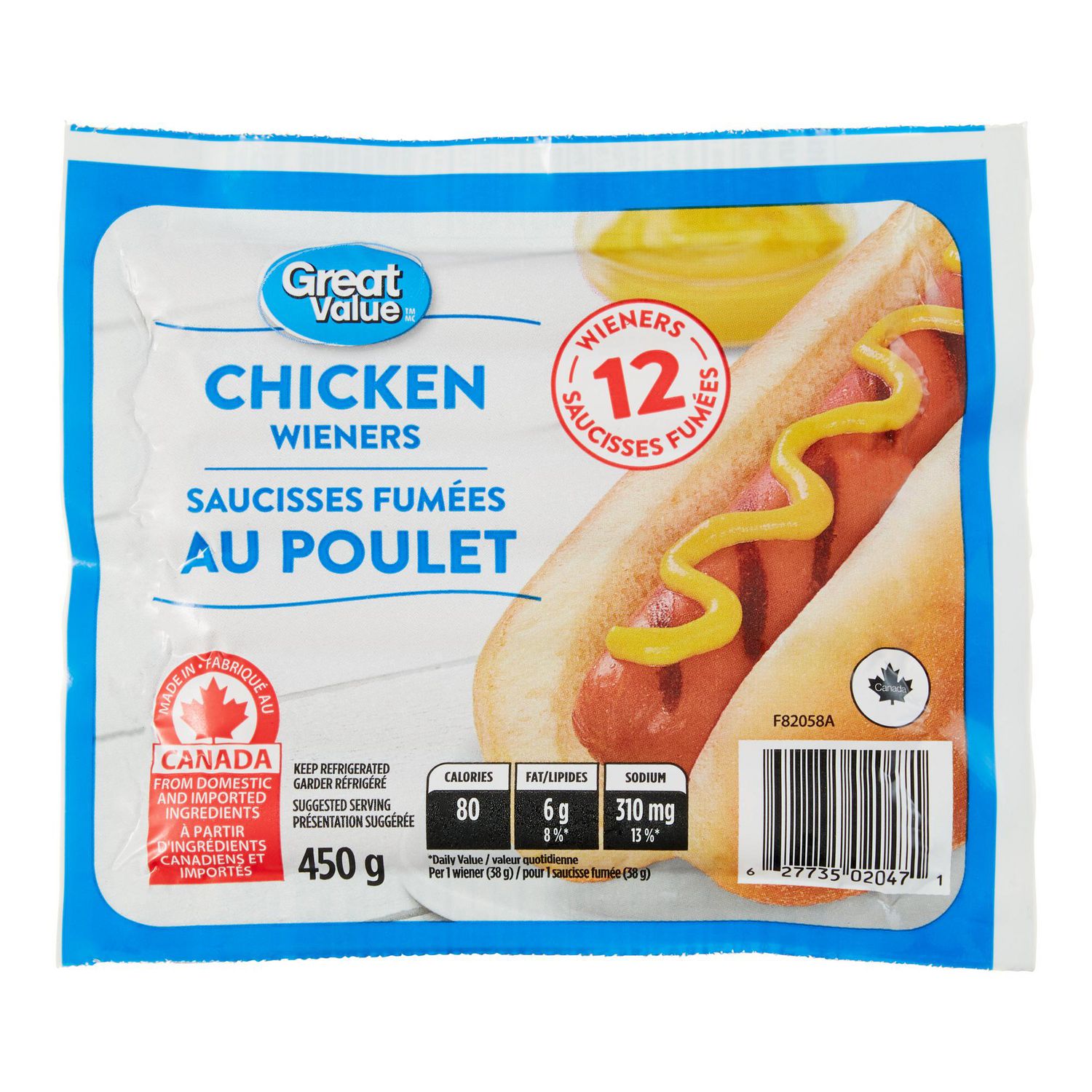 Saucisses fumées au poulet Great Value 12 pcs, 450g