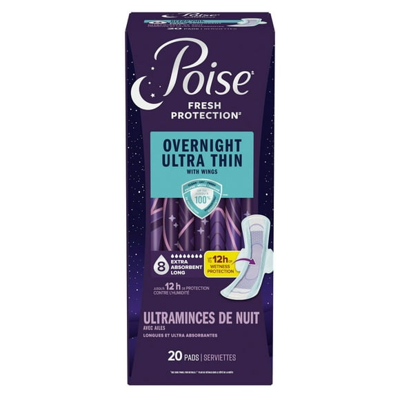 POISE OVERNIGHT ULTRA THIN EXTRA ABSORBENT WING PAD LONG LENGTH 20 COUNT, POISE UT 8D WPAD LNG 20 CT