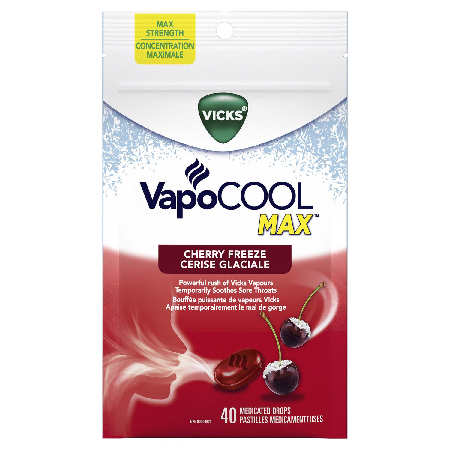 Vicks Medicated Cough Drops, VapoCOOL MAX, Cherry Freeze, 40 Drops