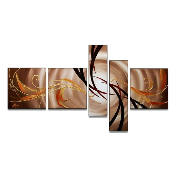 Design Art - Brun Abstrait - Peinture à l’huile sur toile- 64 x 30 Po- 5 Panneaux
