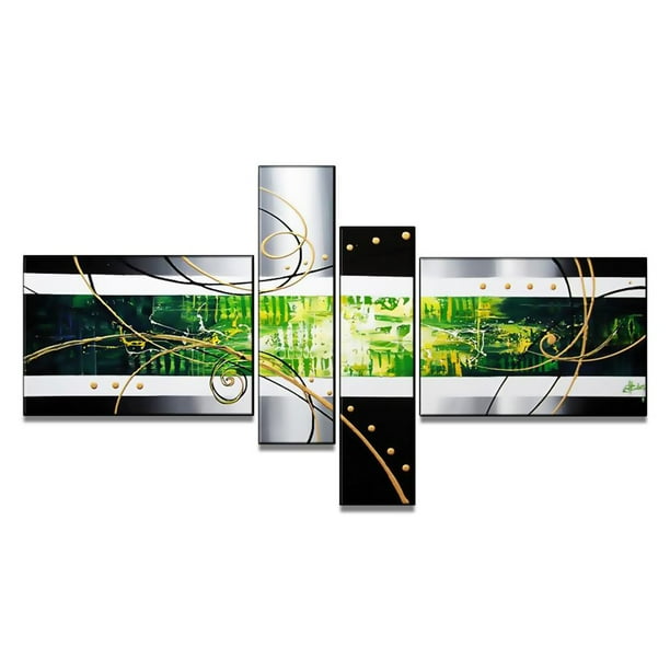 Design Art - Vert Contemporaine - Peinture à l’huile sur toile-63 x 30 Po - 4 Panneaux