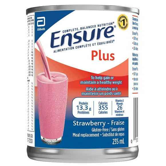 Ensure Plus, Meal Replacement, Complete Balanced Nutrition, Strawberry, 12 x 235 mL Can, 12 x 235-mL (12-Pack)