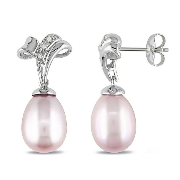Miadora Boucles d'oreilles avec perles d'eau douce roses de culture en forme de riz 9.5-10 mm et accent de diamant en argent sterling