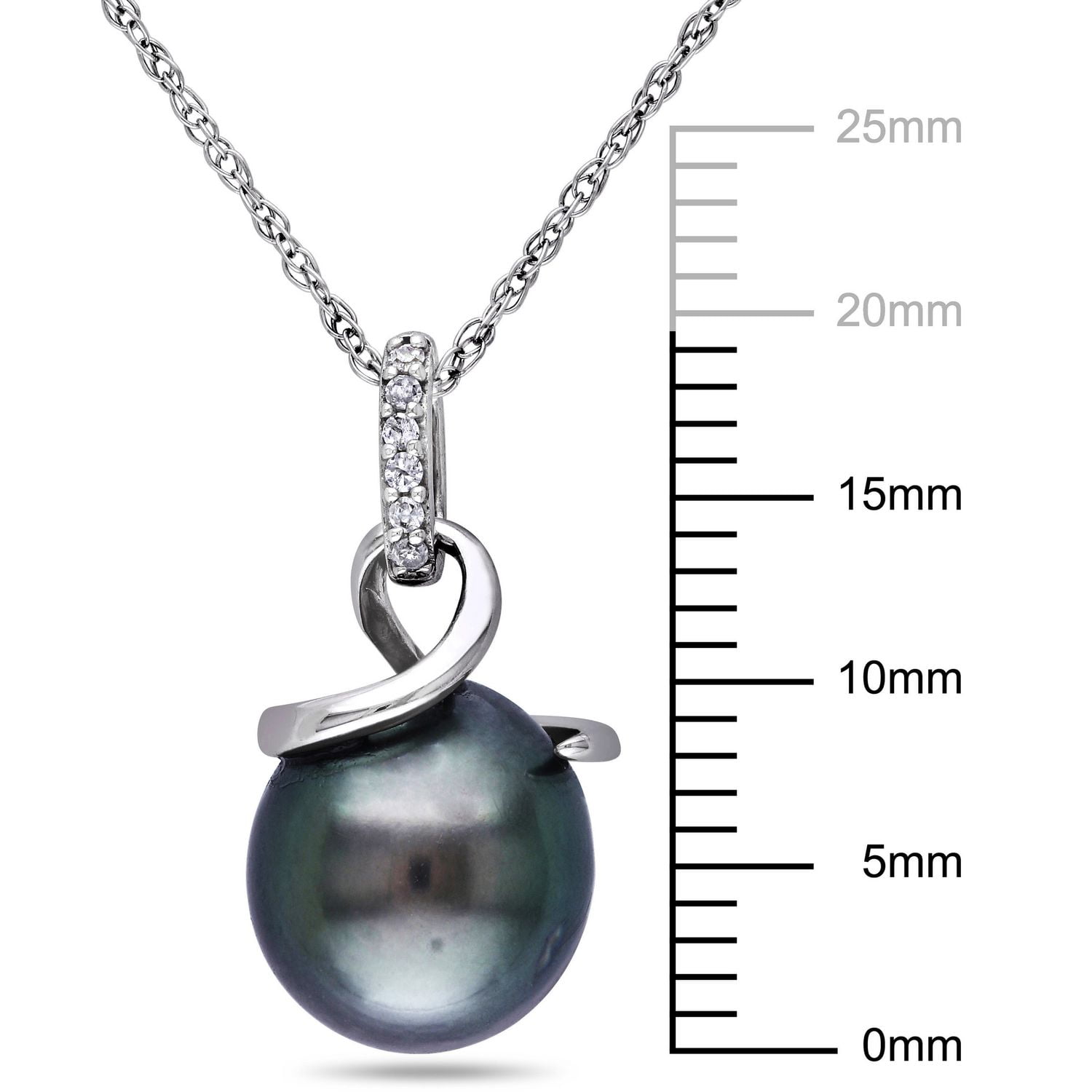 Asteria 8-8.5mm Black Drop Tahitian Cultured Pearl and Diamond-Accent 10 K White Gold Swirl Pendant; 17"