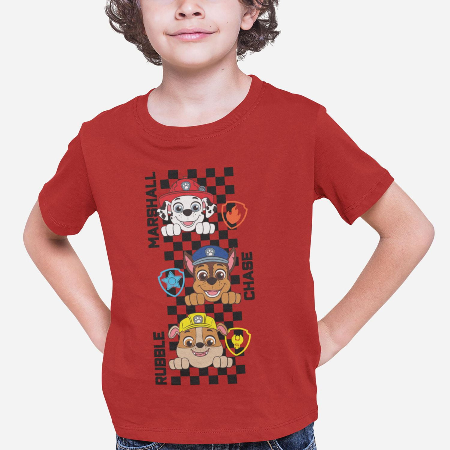 Paw Patrol Boy's basic tee shirt. This boys crew neck tee shirt has short sleeves and a trendy print and, Sizes XS to M
