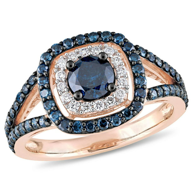 Bague de fiançailles à anneau divisé Asteria avec diamants bleu et blancs 1-1/3 CT poids total en or rosé 10K
