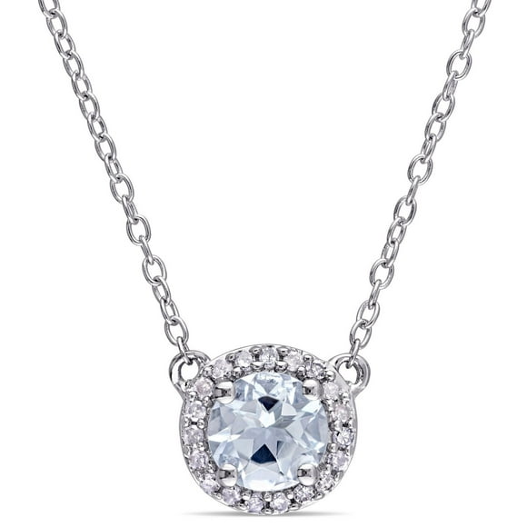 Tangelo 3/4 Carat T.G.W. Aquamarine And 1/10 Carat T.W. Diamond Sterling Silver HALO Necklace, 16"