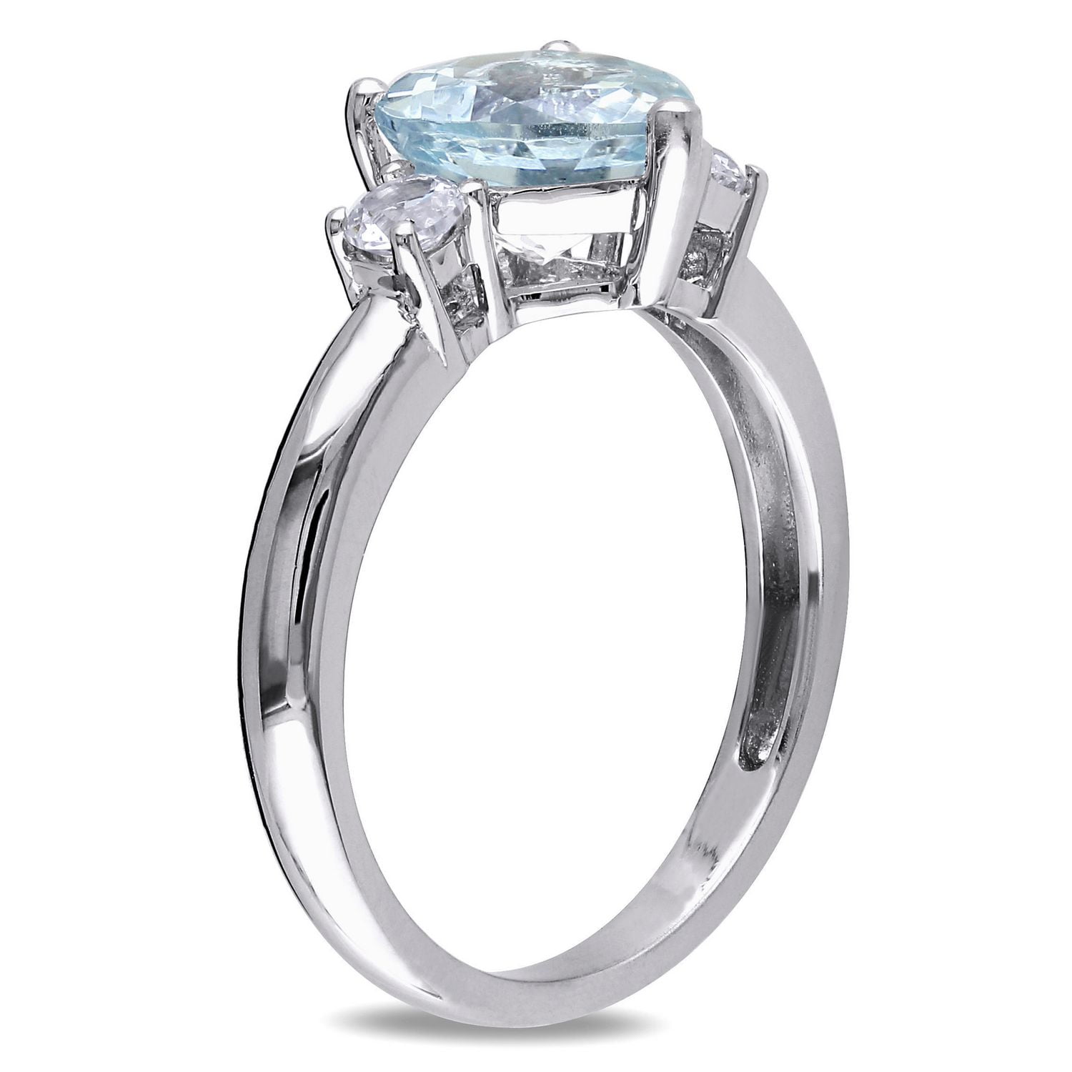 Bague à trois pierres de forme coeur Tangelo avec aigue-marine et saphirs blancs synthétiques 1-4/5 CT PBT en argent sterling