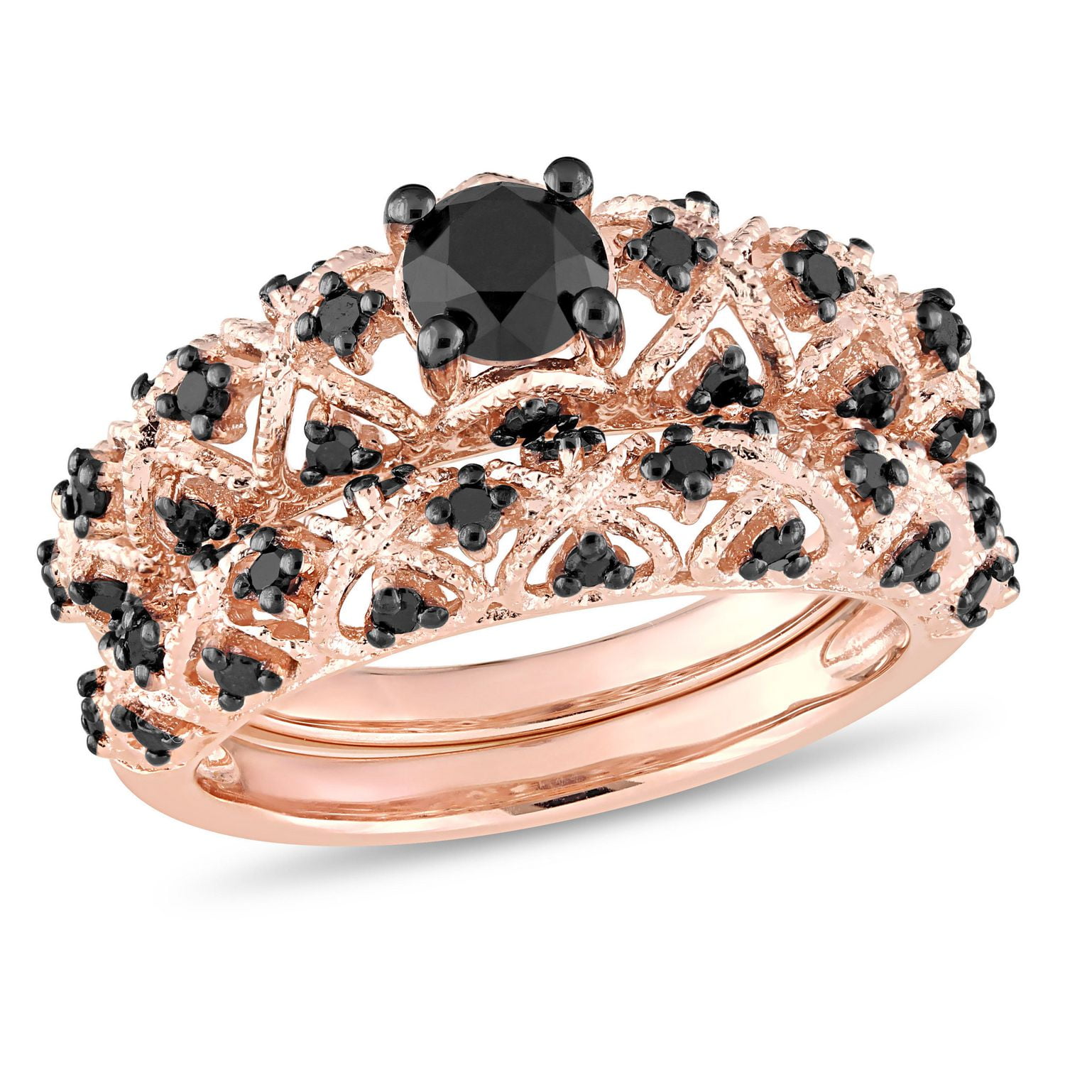 Asteria 1 Carat T.W. Black Diamond Rose-Plated Sterling Silver Vintage Bridal Set