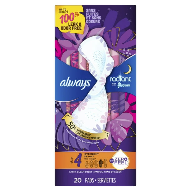 Always Radiant FlexFoam Pads for Women, Size 4, Overnight Absorbency, 100%  Leak & Odor Free Protection is possible, with Wings, Scented, Scented, 20  Count 