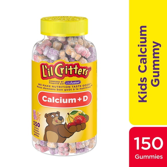 L'il Critters Calcium + D Kids Vitamin Gummies, for Healthy Development and Maintenance of Bones and Teeth, Naturally Sourced Colors & 3 Delicious Flavors, 150 Count