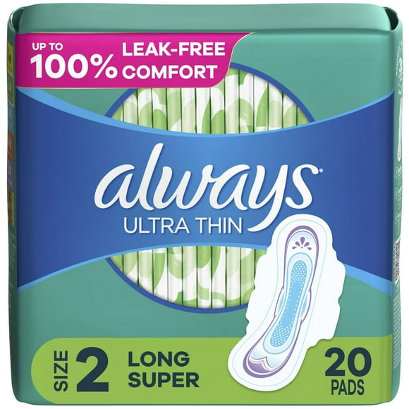 Always Ultra Thin Feminine Pads with Wings for Women, Size 2, Long Super Absorbency, Unscented, 20CT
