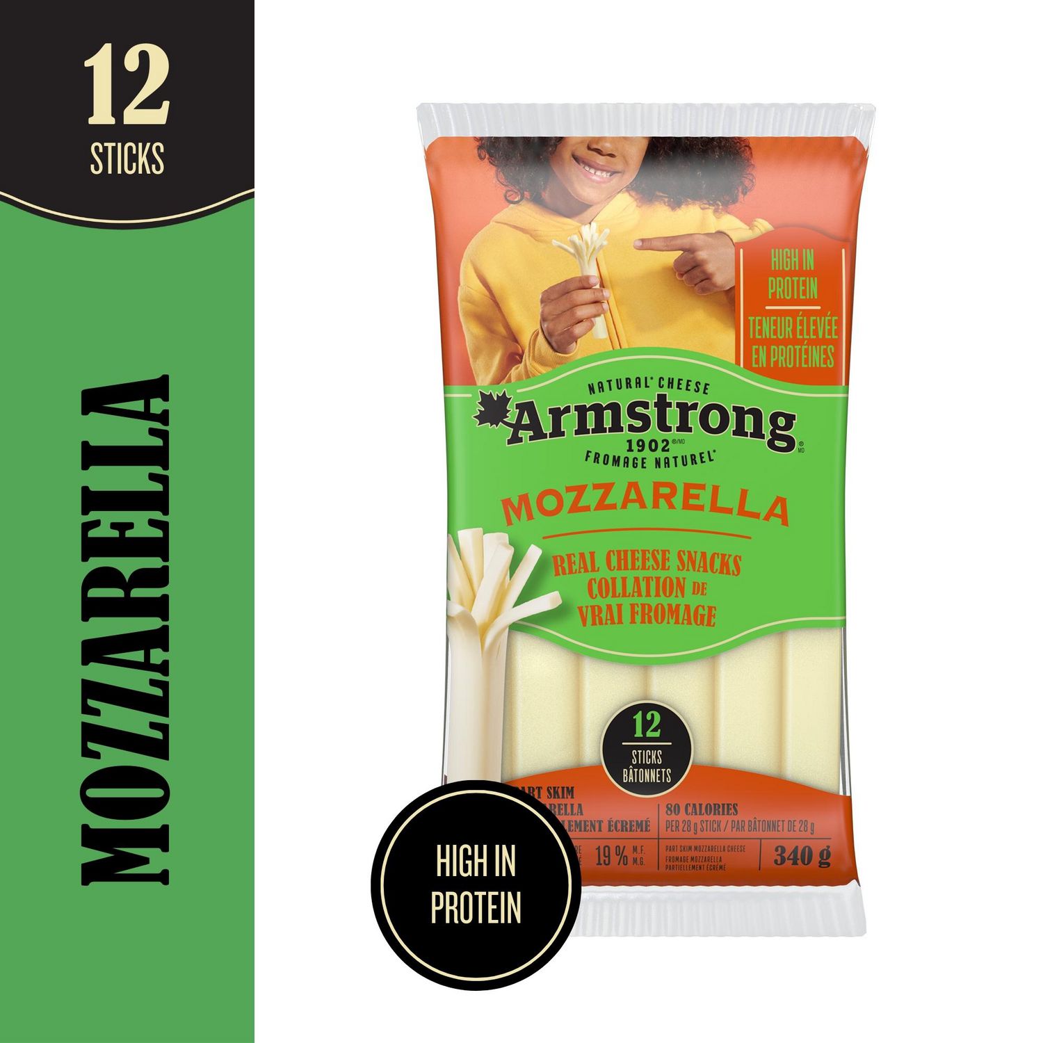 Armstrong Mozzarella Real Cheese Snacks individually wrapped mozzarella cheese sticks, front-facing view of smooth milky-white cylinders; labeled a source of calcium, high in protein and 80 calories each, ideal portable single-serve snack for Canadian lunchboxes.