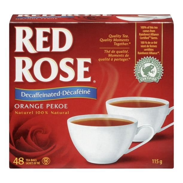 THE DECAFEINE RED ROSE 48'S Notre mélange unique des meilleurs thés de qualité sont naturellement décaféiné pour assurer une parfaite et satisfaire tasse de thé chaque fois. Rose Rouge® thé décaféiné reste le même grand thé avec qualité spéciale et amende goût distinctif comme toujours.