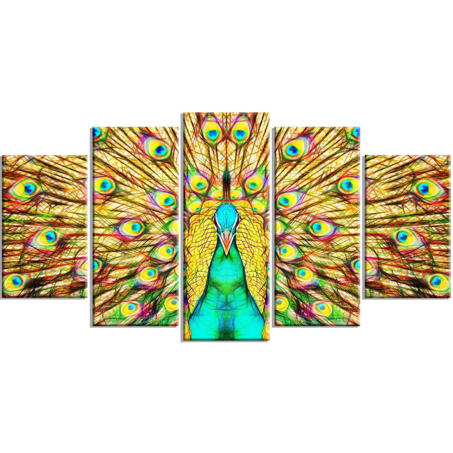 Design Art Flashy Feathers Peacock Animal Art Multi-Panel Canvas Wall ...