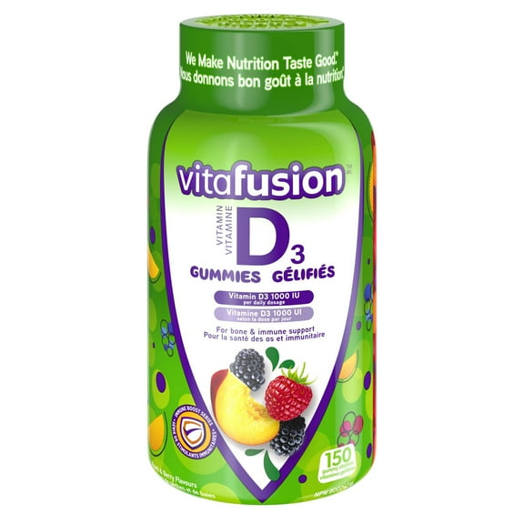 Vitafusion Gummes de vitamine D3 – 1000 UI de vitamine D par dose quotidienne, soutien des os et des dents, soutien immunitaire, prend en charge l'absorption du calcium, 150 pièces