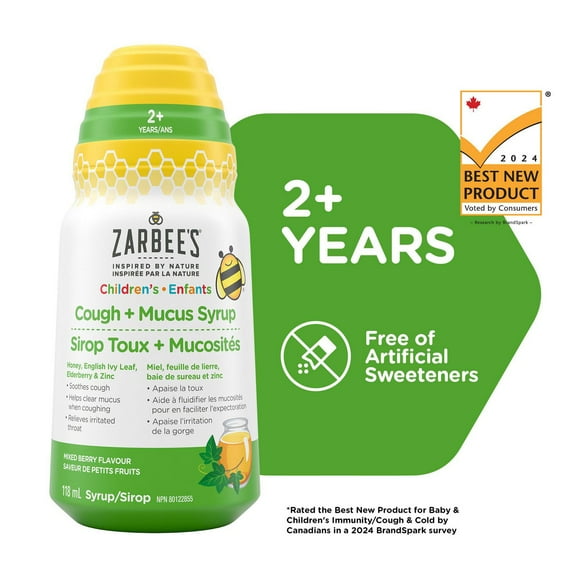 Zarbee's Sirop Toux + Mucosités pour enfants, zinc, miel, baie de sureau, feuille de lierre, système immunitaire, saveur de petits fruits 118 ml
