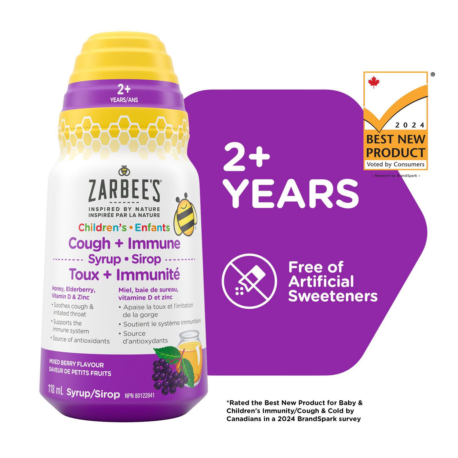 Zarbee's Children's Cough + Immune Syrup, Zinc, Honey, Elderberry, Vitamin D, Immune System + Antioxidants, 118 mL