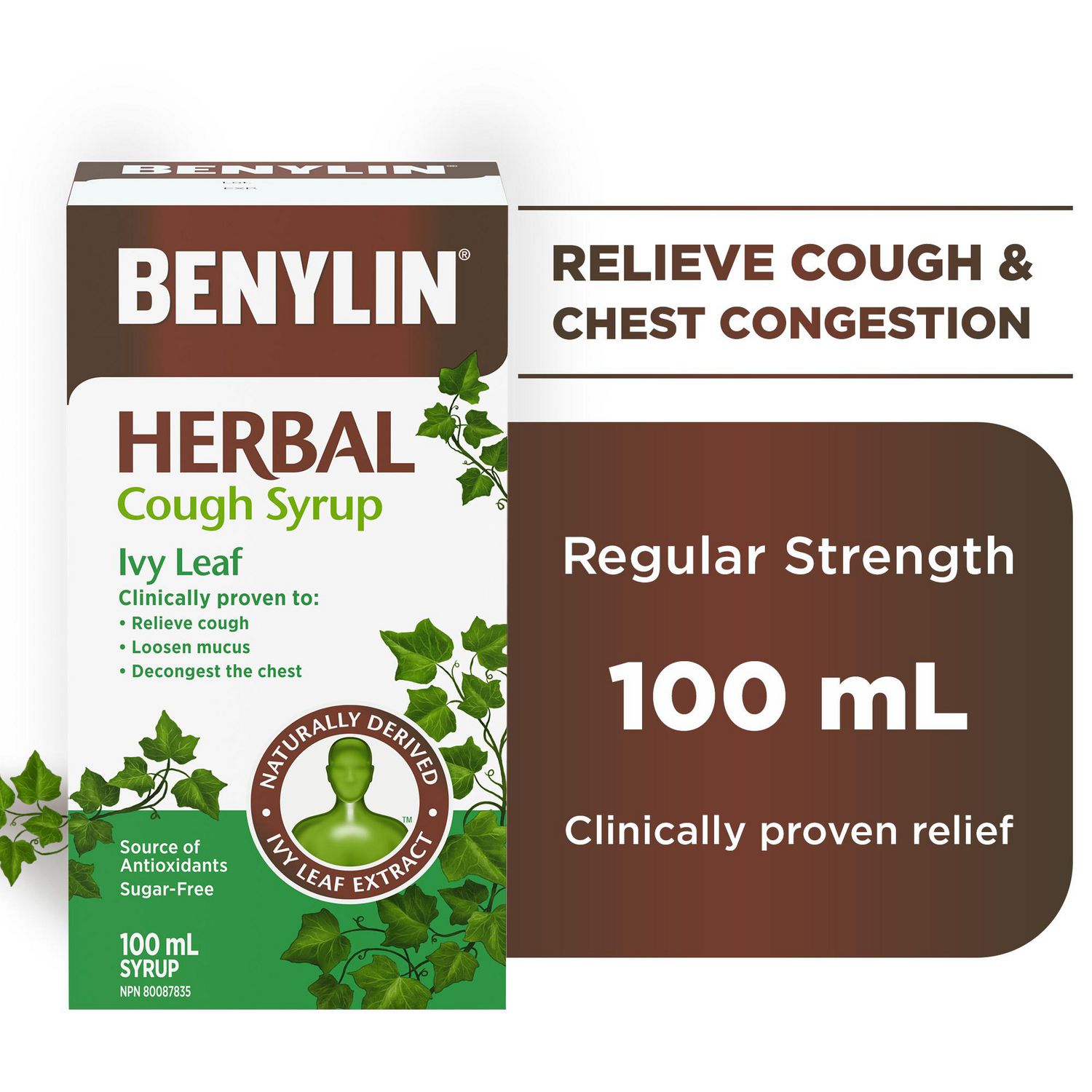 Benylin Herbal Cough Syrup Ivy Leaf, Herbal Decongestant, Cold & Flu Relief, Cough Suppressant, Sugar Free, Antioxidants, 100 mL