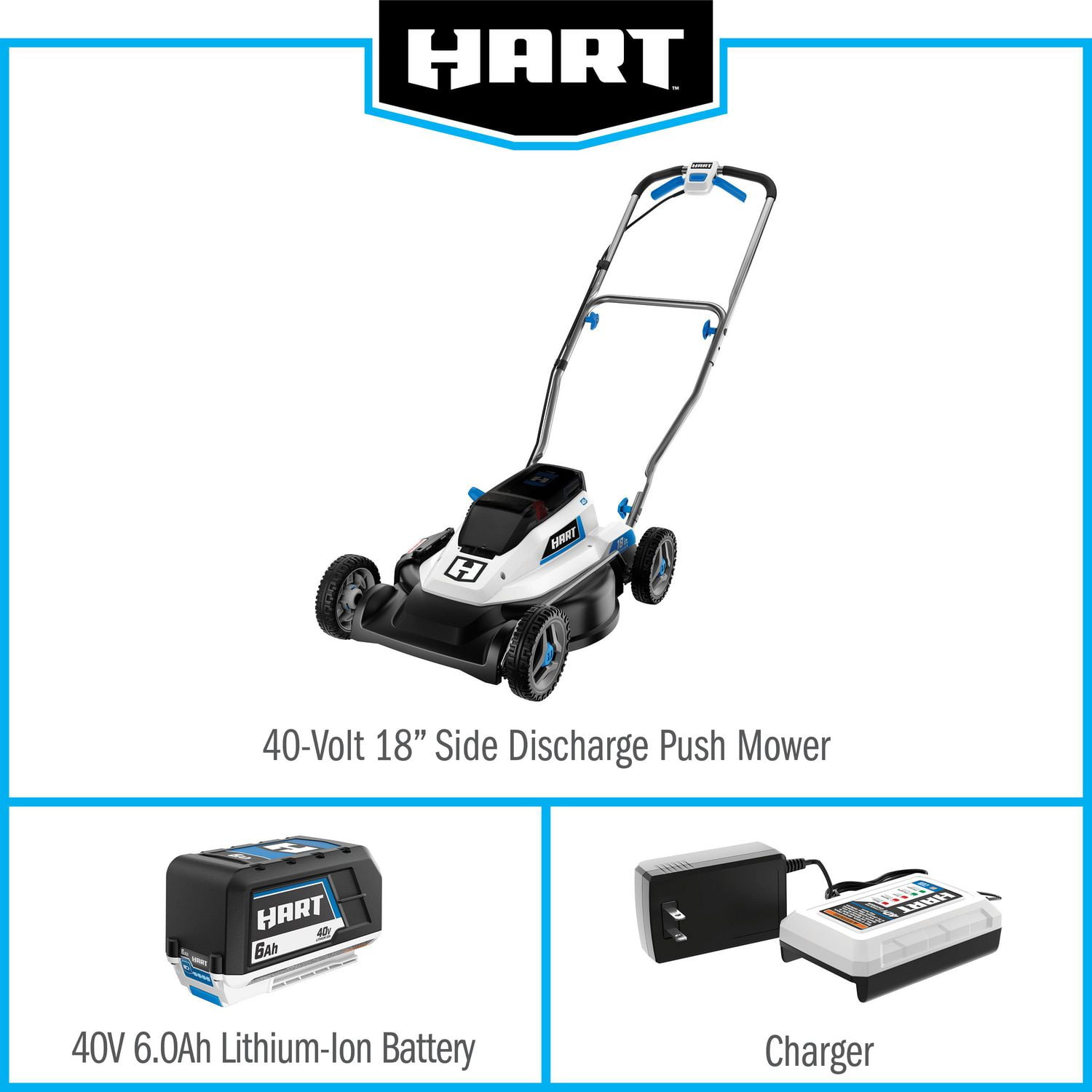 HART 40-Volt Cordless 18-inch Push Mower Kit, (1) 6Ah Lithium-Ion Battery,  (1) Battery Charger, 5-year tool warranty