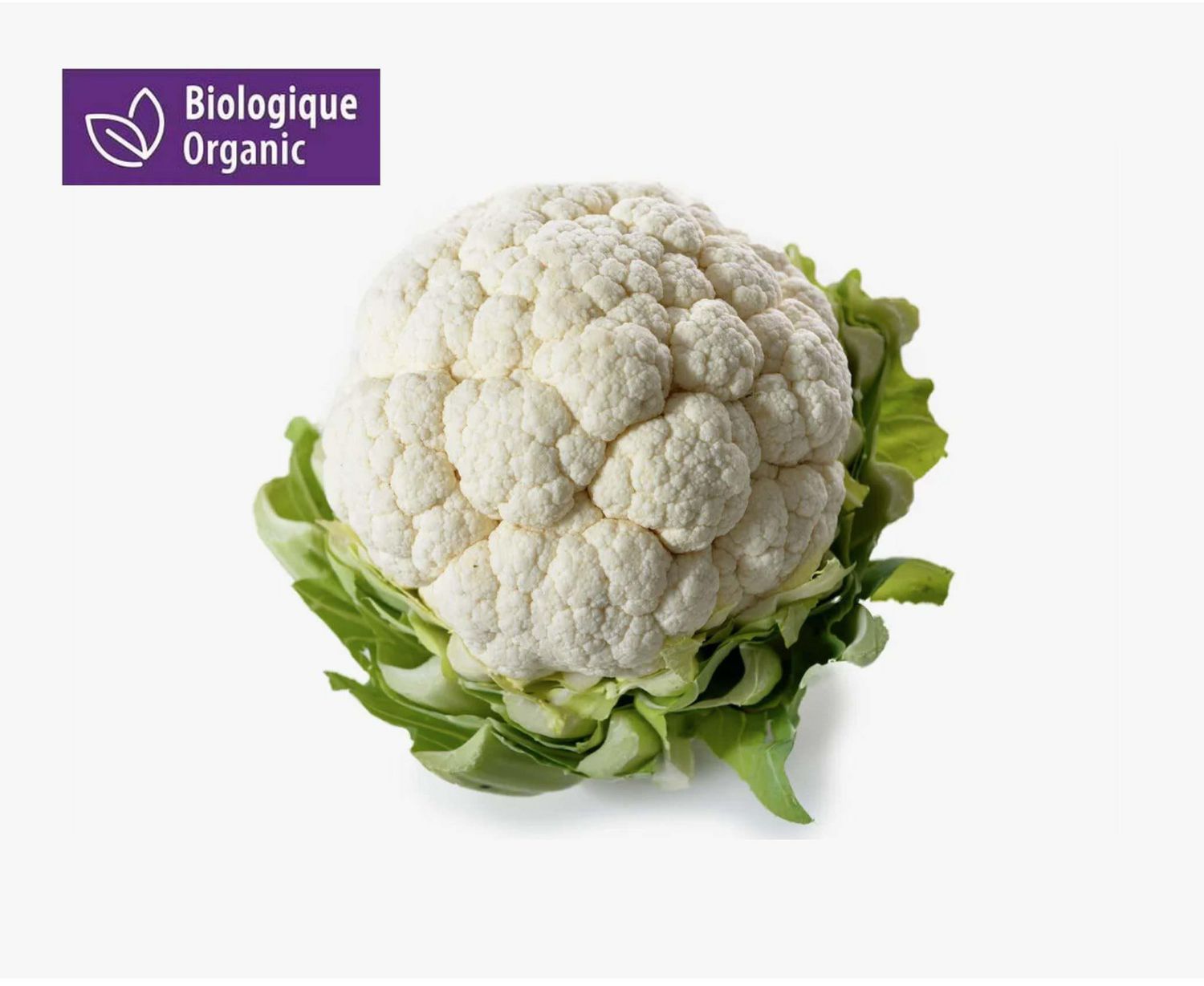 Cauliflower, Organic, Whole Fresh, Sold in singles whole head with tight white florets and green wrapper leaves, a cruciferous vegetable with mild, slightly nutty flavor and vitamin C and folate; suitable for roasting or steaming and often used as cauliflower rice or for low‑carb pizza crusts.