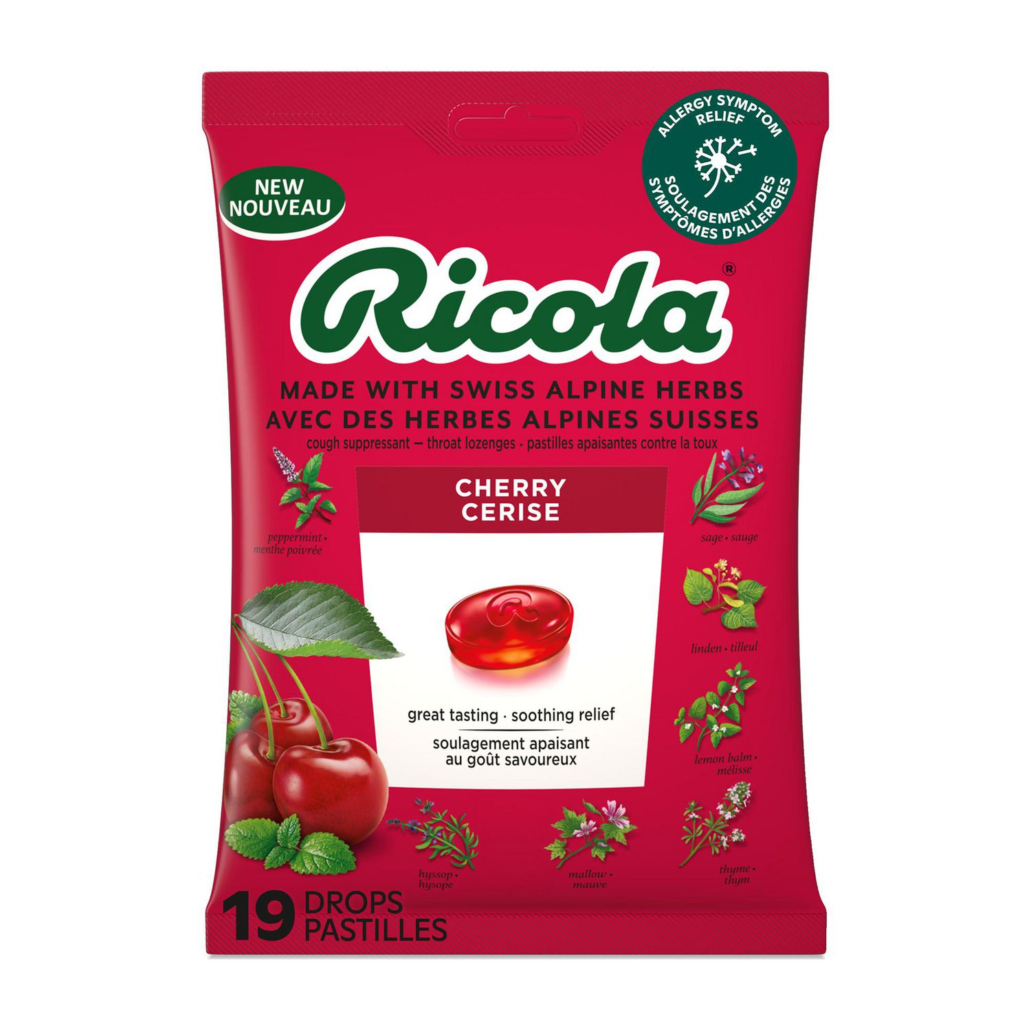 Pastilles Ricola Cerise, Soulagement délicieux et naturel avec menthol, 19 unités