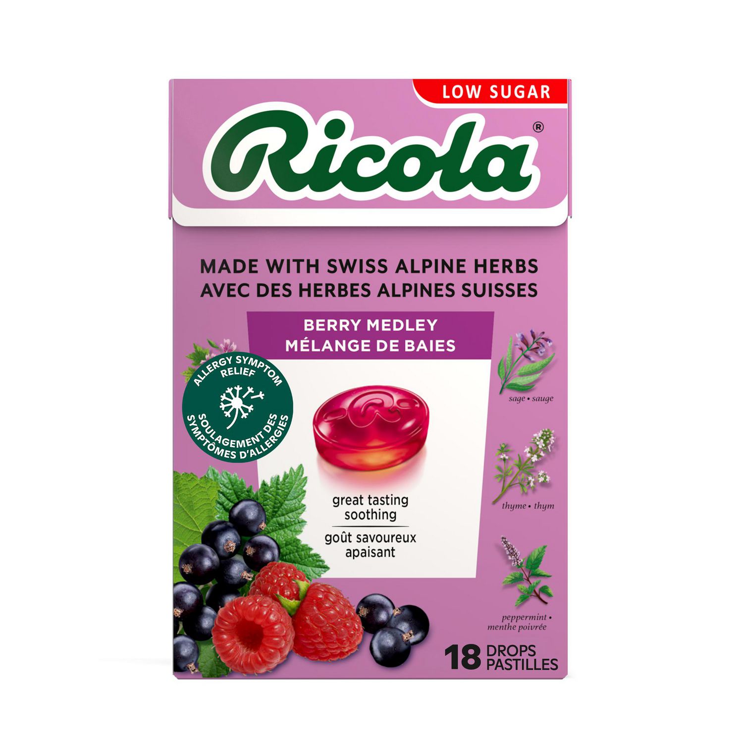 Ricola Box Berry Medley, Low Sugar Naturally Delicious Throat Refreshment & Relief, 18 Count