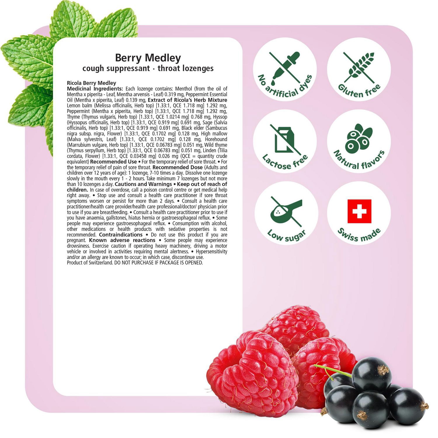 Ricola Box Berry Medley, Low Sugar Naturally Delicious Throat Refreshment & Relief, 18 Count