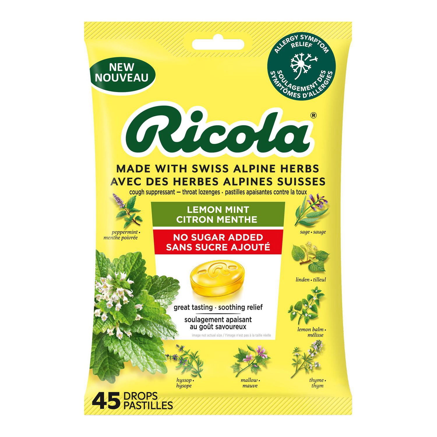 Ricola Citron Menthe Gouttes Pour La Gorge Sans Sucre Ajouté, 45 unités